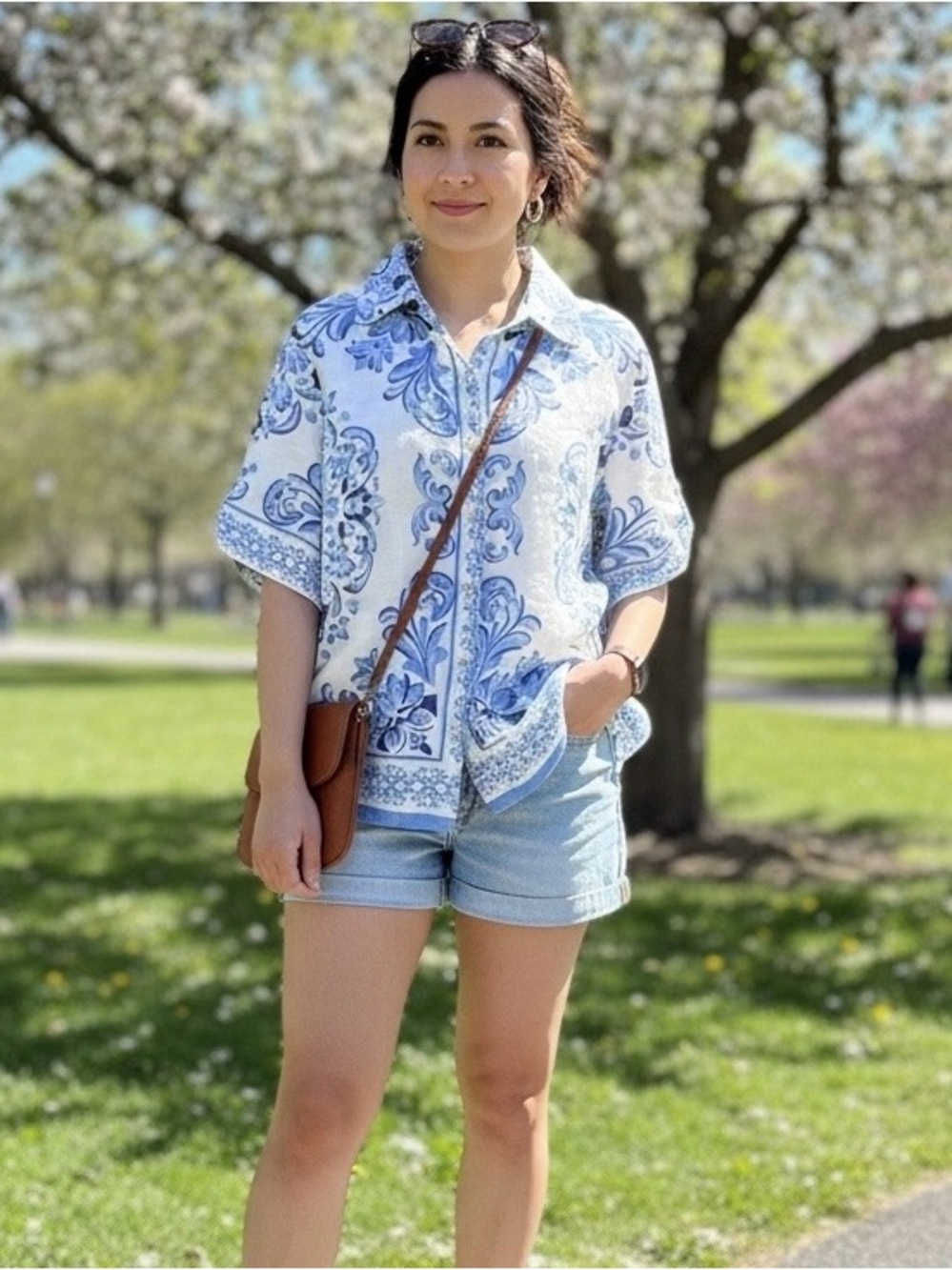 Calypso Blue White Floral Print Button Short Sleeve Linen Blend Blouse Size XS